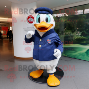 Navy Muscovy Duck mascot costume character dressed with a Turtleneck and Foot pads