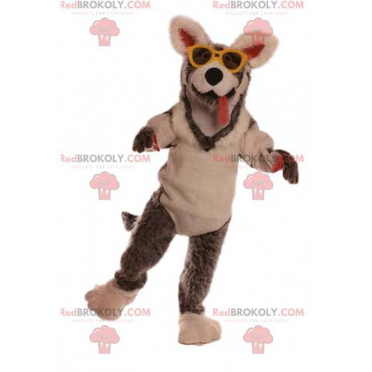 Mascote do cão com óculos amarelos. Fantasia de cachorro -