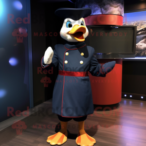 Navy Muscovy Duck mascot costume character dressed with a Turtleneck and Foot pads