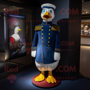 Navy Muscovy Duck mascot costume character dressed with a Turtleneck and Foot pads