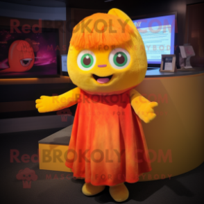 Orange Rainbow mascot costume character dressed with a Midi Dress and Shawl pins
