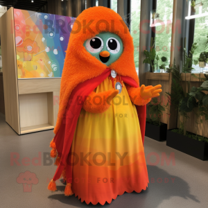 Orange Rainbow mascot costume character dressed with a Midi Dress and Shawl pins