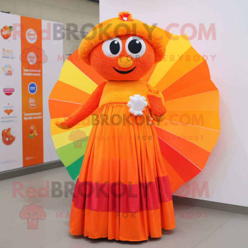 Orange Rainbow mascot costume character dressed with a Midi Dress and Shawl pins Orange Rainbow mascot costume character dressed with a Midi Dress and Shawl pins