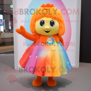 Orange Rainbow mascot costume character dressed with a Midi Dress and Shawl pins
