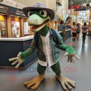 Forest Green Utahraptor mascot costume character dressed with a Shorts and Hat pins