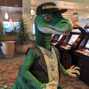 Forest Green Utahraptor mascot costume character dressed with a Shorts and Hat pins