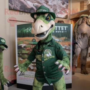 Forest Green Utahraptor mascot costume character dressed with a Shorts and Hat pins