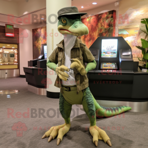 Forest Green Utahraptor mascot costume character dressed with a Shorts and Hat pins
