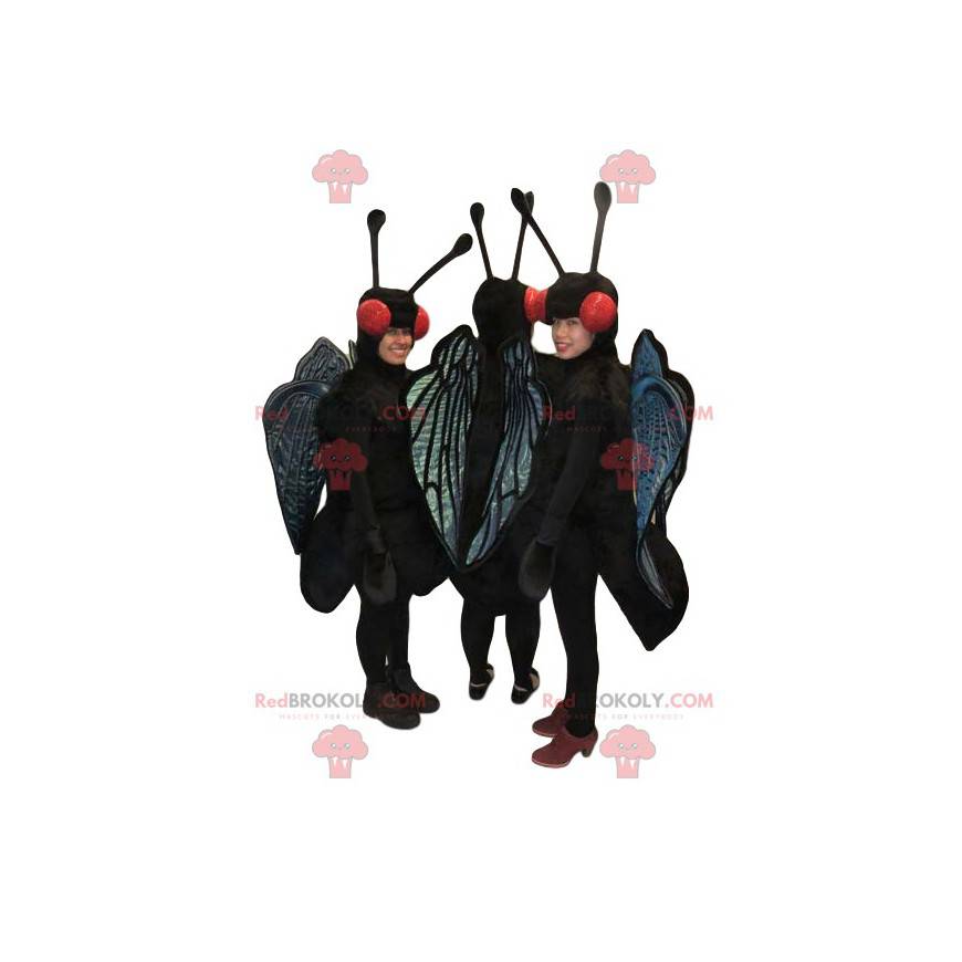 Mascottes de trois papillons noirs et bleus. Costumes de Mascottes de trois papillons noirs et bleus. Costumes de