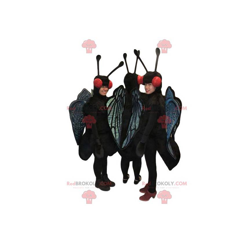 Maskoti tří černých a modrých motýlů. Motýlí kostýmy -