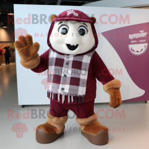 Maroon Ice mascot costume character dressed with a Flannel Shirt and Shawls