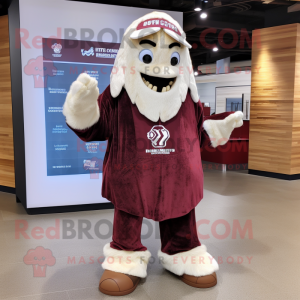 Maroon Ice mascot costume character dressed with a Flannel Shirt and Shawls