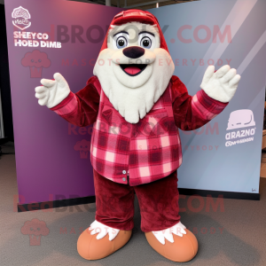 Maroon Ice mascot costume character dressed with a Flannel Shirt and Shawls