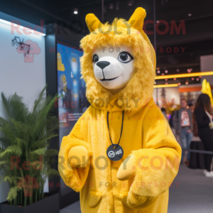 Yellow Llama mascot costume character dressed with a Hoodie and Lapel pins