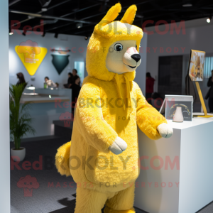 Yellow Llama mascot costume character dressed with a Hoodie and Lapel pins