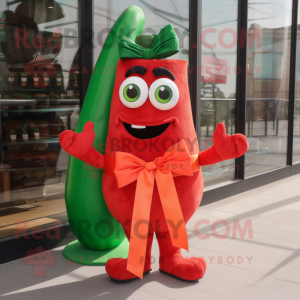 Red Zucchini mascot costume character dressed with a Bikini and Bow ties