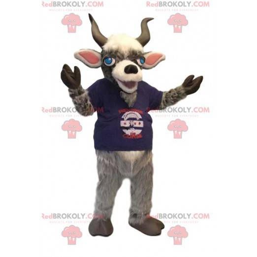 Ram Maskottchen mit einem blauen Trikot. Widder Kostüm -