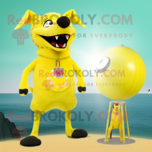 Lemon Yellow Dingo mascot costume character dressed with a Bikini and Hairpins