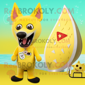 Lemon Yellow Dingo mascot costume character dressed with a Bikini and Hairpins