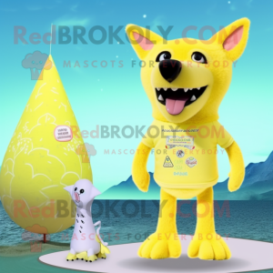 Lemon Yellow Dingo mascot costume character dressed with a Bikini and Hairpins
