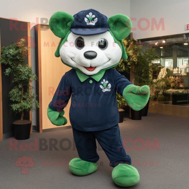 Navy Four Leaf Clover mascot costume character dressed with a Joggers and Suspenders Navy Four Leaf Clover mascot costume character dressed with a Joggers and Suspenders