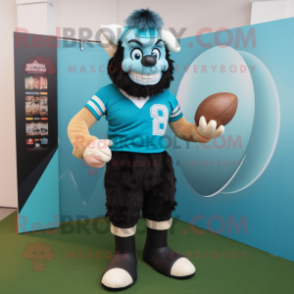 Cyan Guinness mascot costume character dressed with a Rugby Shirt and Cummerbunds