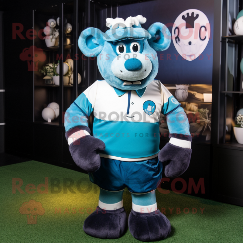 Cyan Guinness mascot costume character dressed with a Rugby Shirt and Cummerbunds