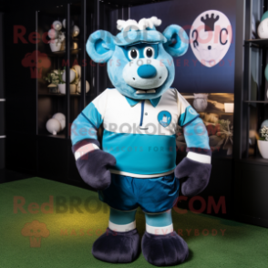 Cyan Guinness mascot costume character dressed with a Rugby Shirt and Cummerbunds