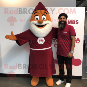 Maroon Tikka Masala mascot costume character dressed with a Romper and Shoe clips