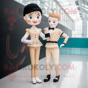 Beige Irish Dancer mascot costume character dressed with a Suit Pants and Smartwatches