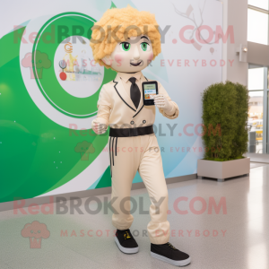 Beige Irish Dancer mascot costume character dressed with a Suit Pants and Smartwatches