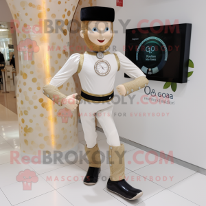Beige Irish Dancer mascot costume character dressed with a Suit Pants and Smartwatches