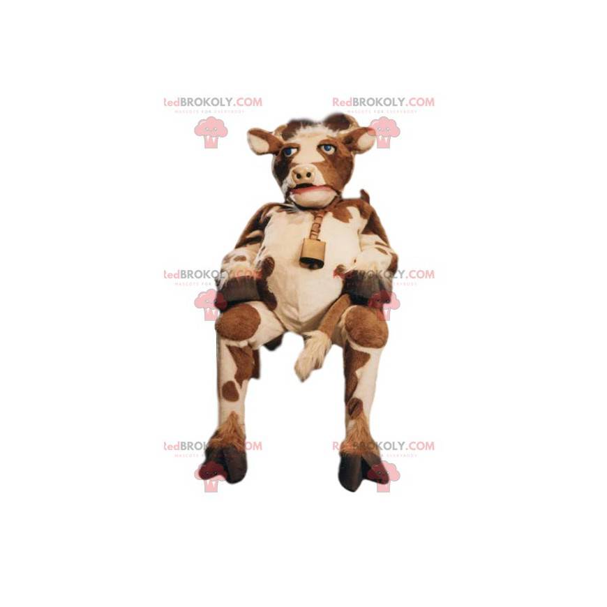 Mascote da vaca marrom e branca com um sino - Redbrokoly.com