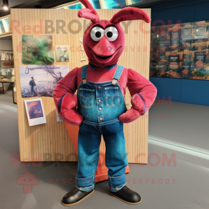 Magenta Lobster Bisque mascot costume character dressed with a Denim Shirt and Cummerbunds