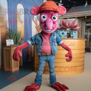 Magenta Lobster Bisque mascot costume character dressed with a Denim Shirt and Cummerbunds