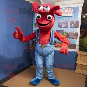 Magenta Lobster Bisque mascot costume character dressed with a Denim Shirt and Cummerbunds