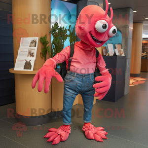 Magenta Lobster Bisque mascot costume character dressed with a Denim Shirt and Cummerbunds