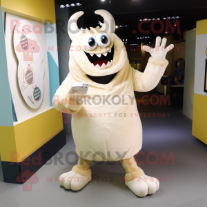 Cream Demon mascot costume character dressed with a Cardigan and Foot pads