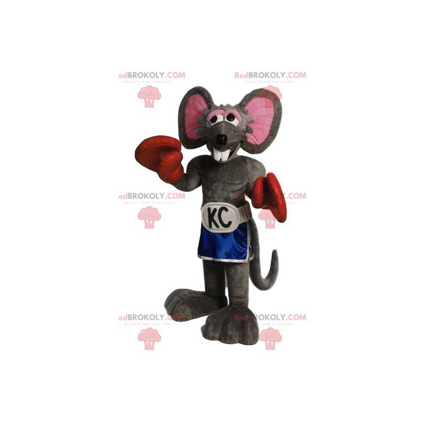Grijze muis mascotte met korte broek en bokshandschoenen -