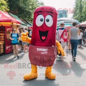 Magenta Currywurst mascot costume character dressed with a Denim Shorts and Wallets