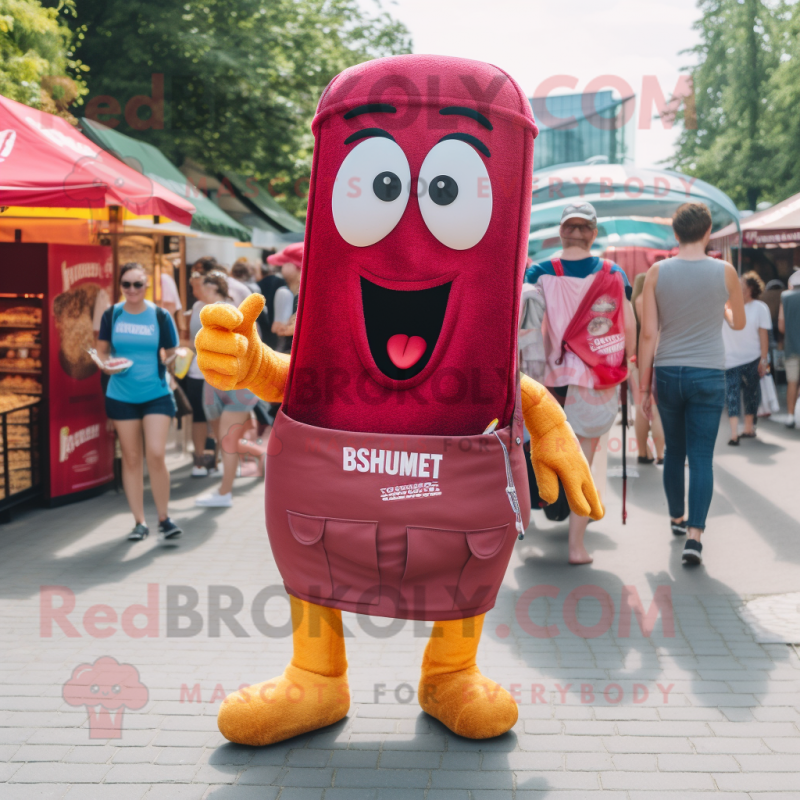 Magenta Currywurst mascot costume character dressed with a Denim Shorts and Wallets Magenta Currywurst mascot costume character dressed with a Denim Shorts and Wallets