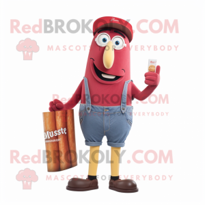 Magenta Currywurst mascot costume character dressed with a Denim Shorts and Wallets