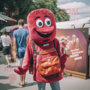 Magenta Currywurst mascot costume character dressed with a Denim Shorts and Wallets