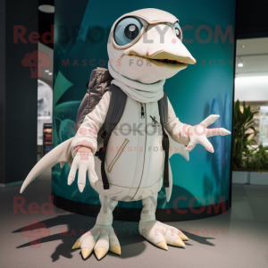 White Dimorphodon mascot costume character dressed with a Parka and Clutch bags