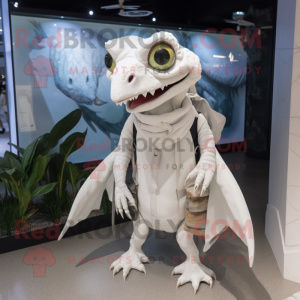 White Dimorphodon mascot costume character dressed with a Parka and Clutch bags