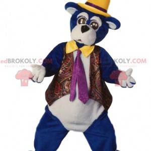 Blue bear mascot with a yellow hat. Bear costume -