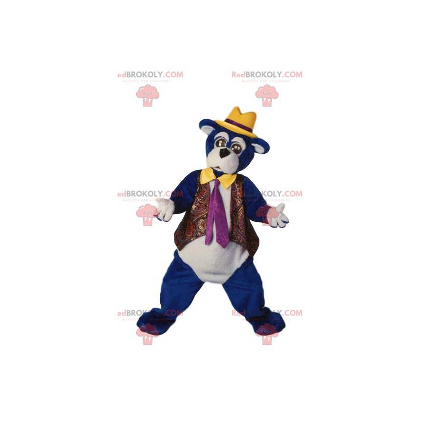 Blue bear mascot with a yellow hat. Bear costume -