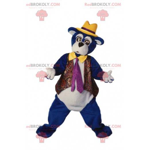 Blue bear mascot with a yellow hat. Bear costume -