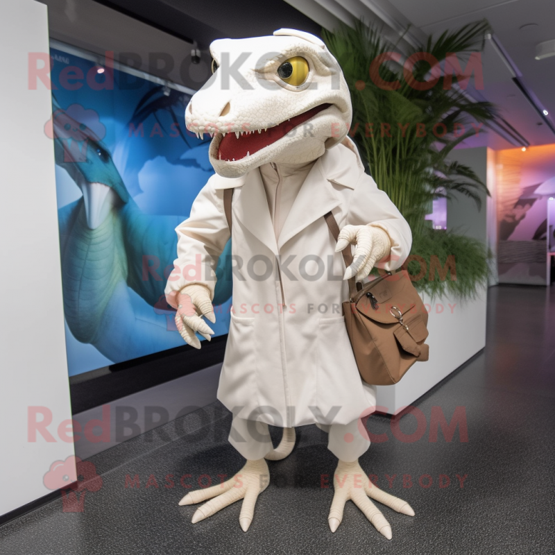 White Dimorphodon mascot costume character dressed with a Parka and Clutch bags