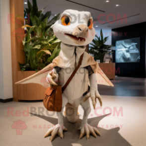 White Dimorphodon mascot costume character dressed with a Parka and Clutch bags